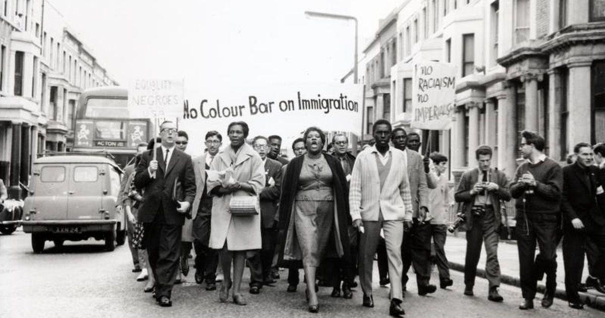 B/W print; the March on Washington solidarity march in London, led by Claudia Jones and Pearl Prescod, August 1963