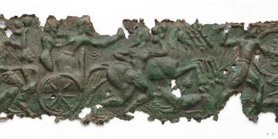 Relief Bronze Strips, 16 Fragments: Masks, Gigantomachy, Banquets, Battles