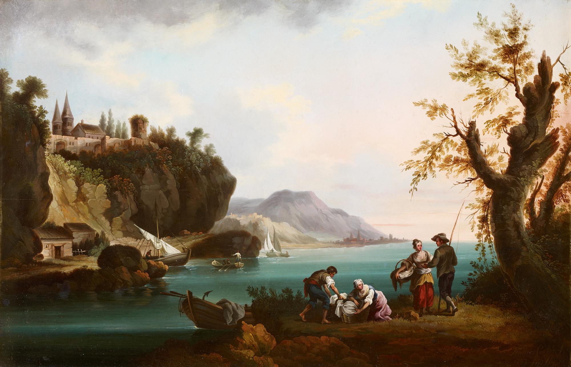 Lavanderas y pescadores en un paisaje costero